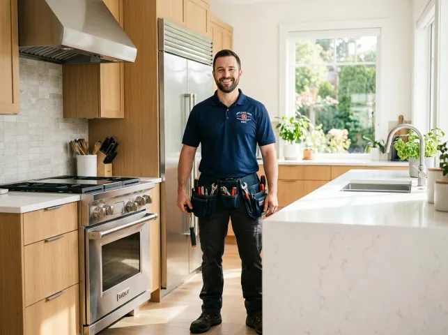 Appliance Repair Hero technician in a Bedford, MA kitchen after an appliance repair