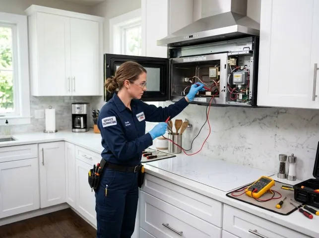 Appliance Repair Hero technician testing an over-the-range microwave in a Bedford, MA kitchen